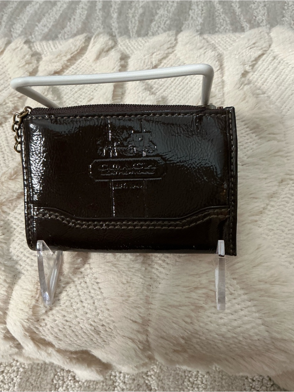 Coach Patent Leather Coin Purse Card Case Wallet Dark Brown Mahogany Mini Pouch